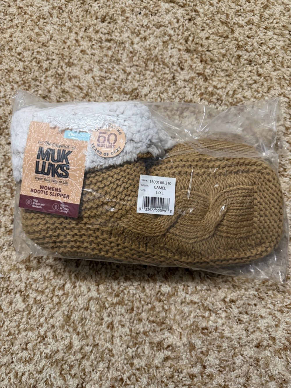 Muk Luks Camel Knit Women's Bootie Slippers with Cream Plush Lining